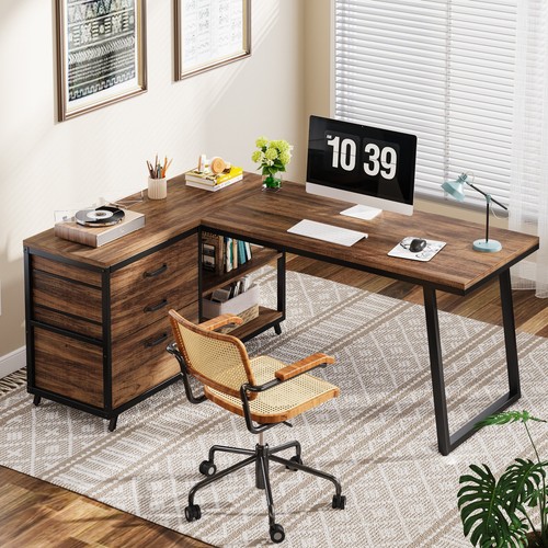 Shaped computer desk with 3 - computer,